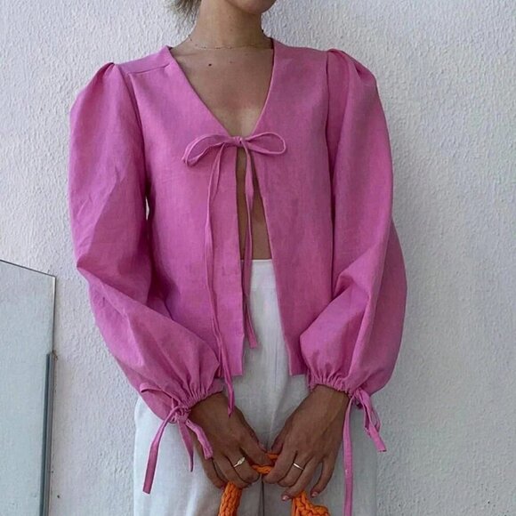 Hot Pink Casual Women's Solid Color Front Tie Lantern Sleeve Loose Blouse - Picture 3 of 5